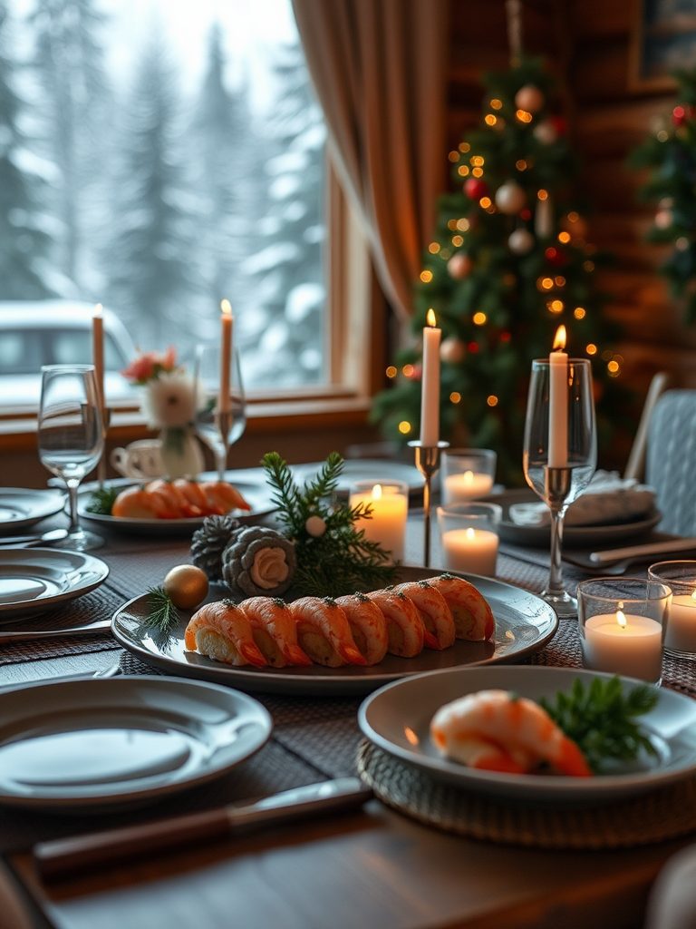 A festive Christmas dinner in Norwegian cabin.