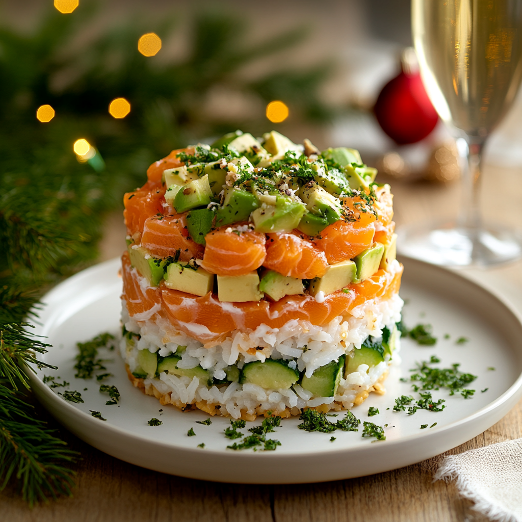 A festive Russian salad with salmon and avocado