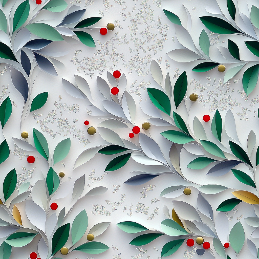 A festive mistletoe paper sculpture on glitter background