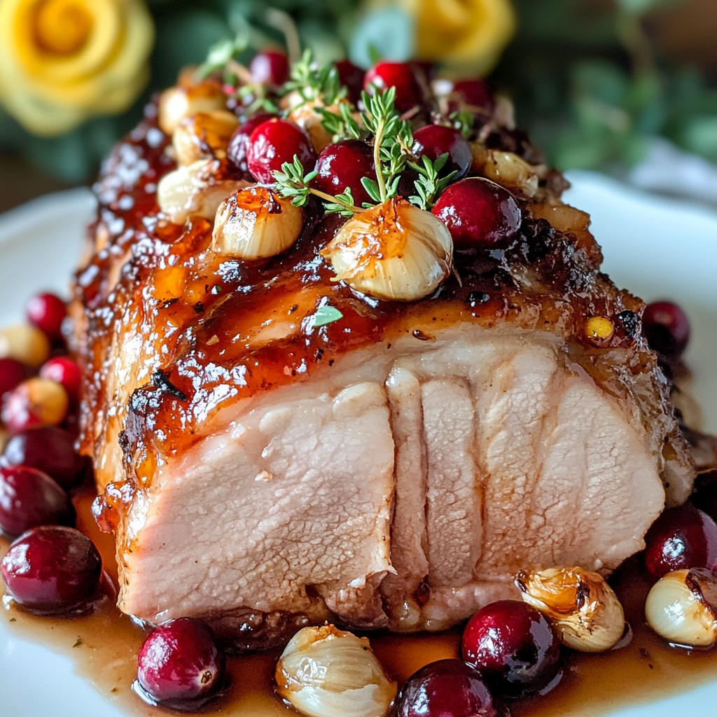 A festive pork roast with fruit glaze decoration