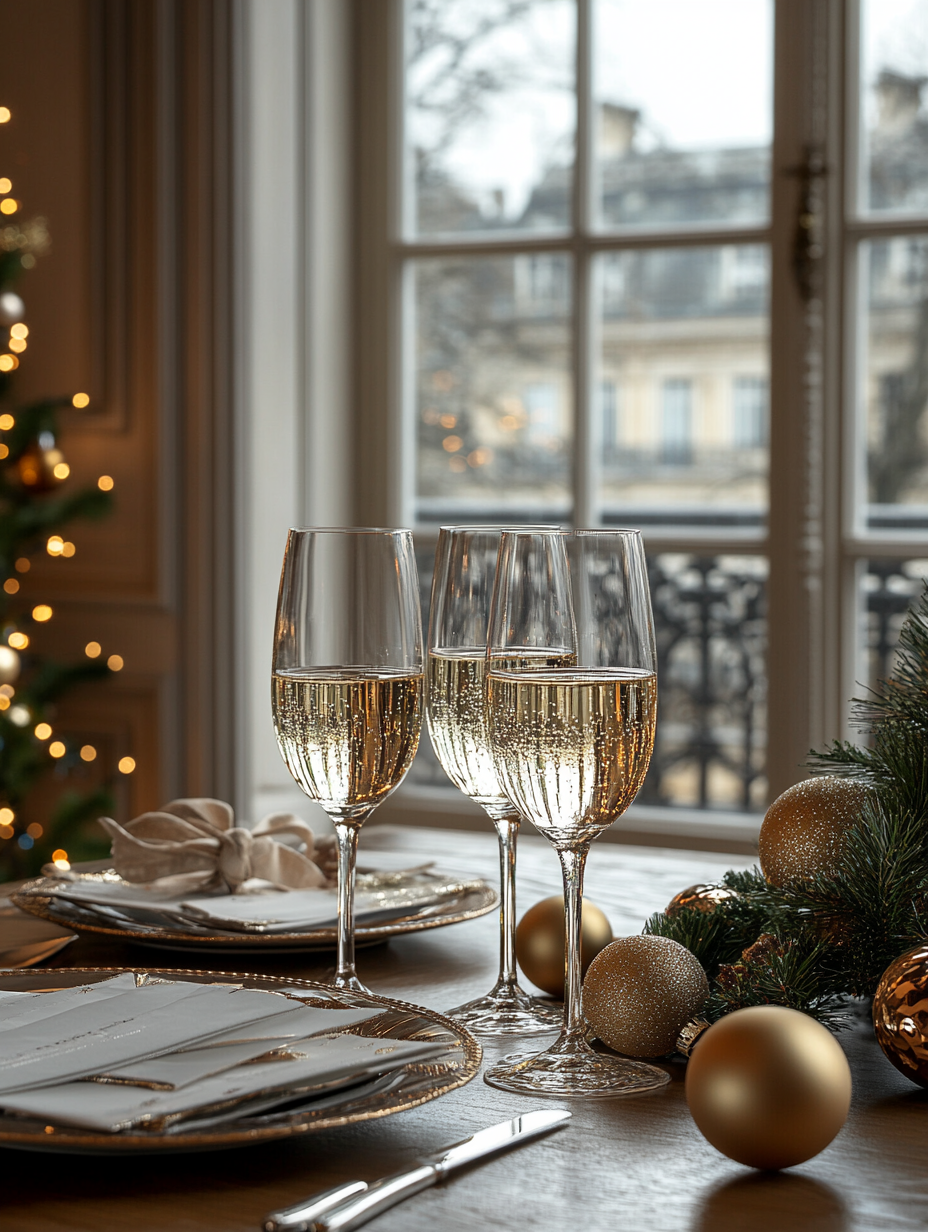 A festive table with champagne and decorations