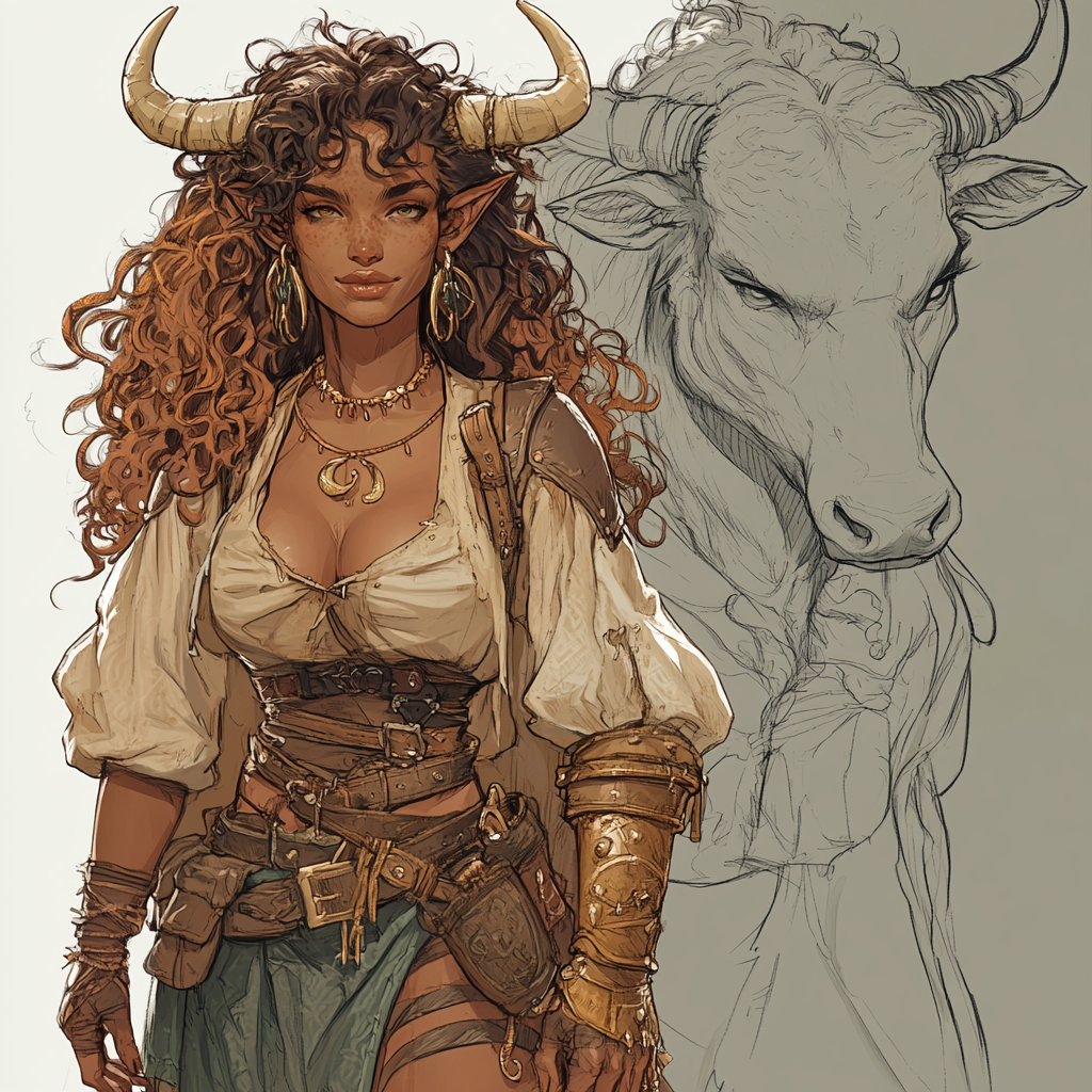 A fierce, tall firbolg woman with unique features.