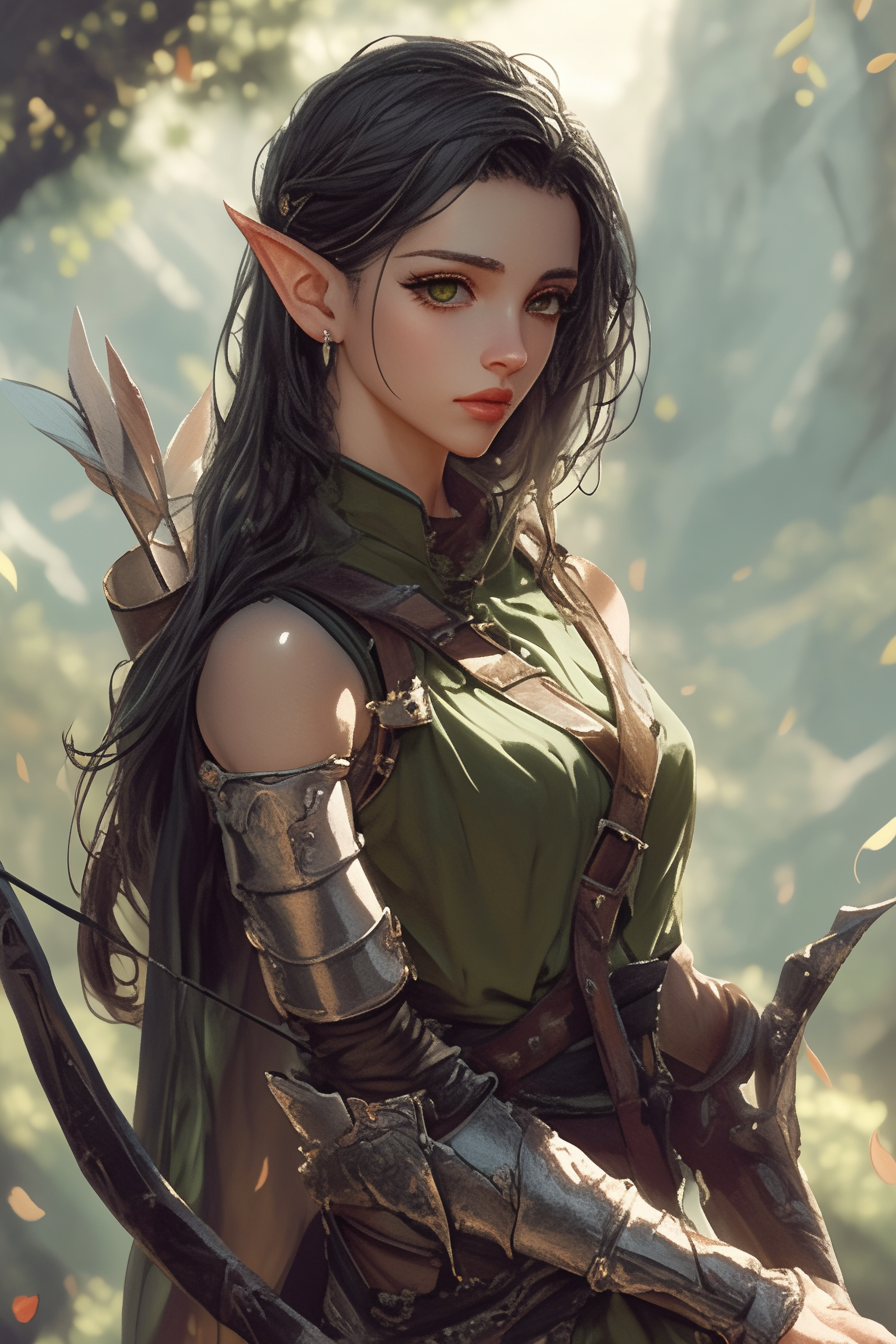 A fierce Elf woman in armor with bow