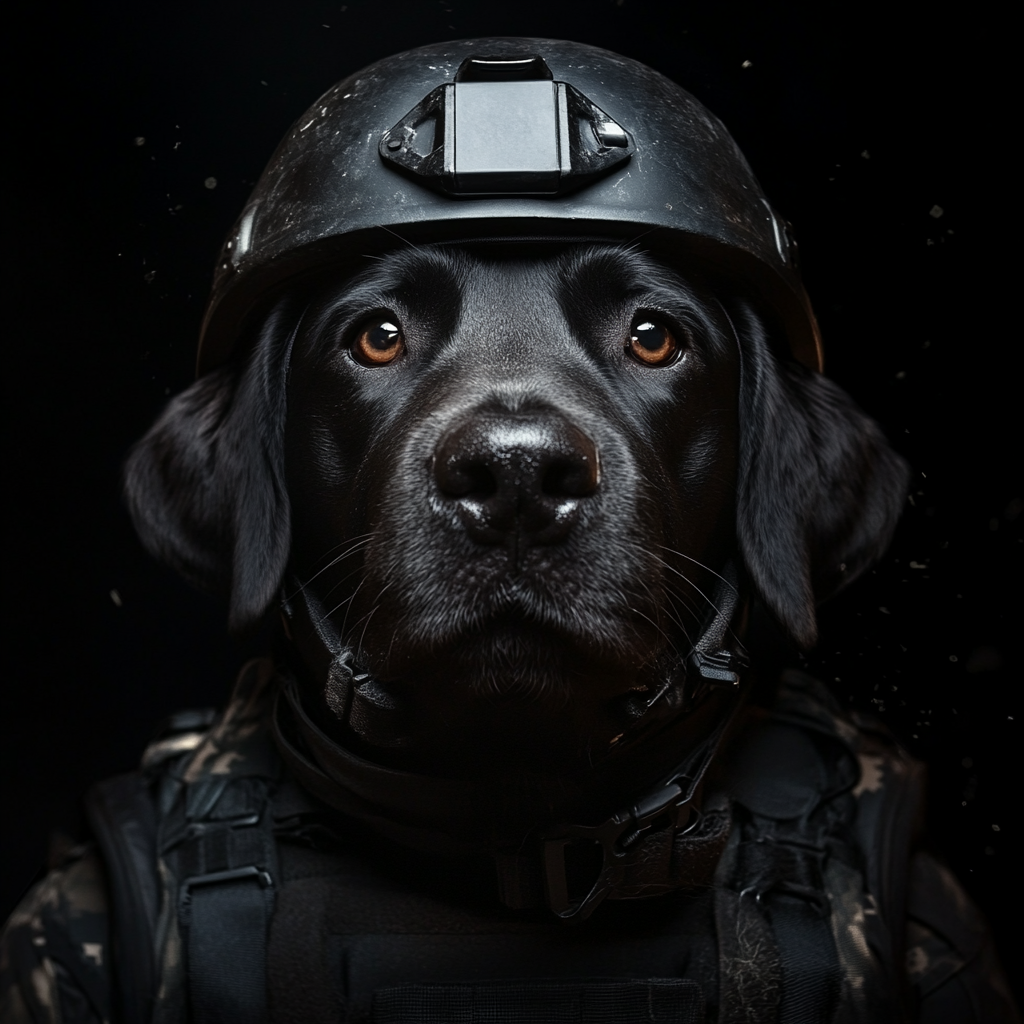 A fierce Labrador in military gear, facing camera