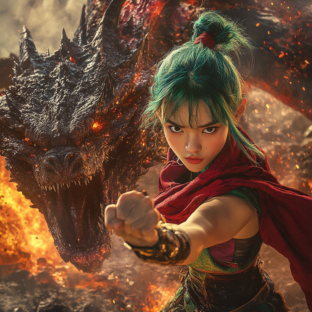 A fierce battle between young hero and dragon