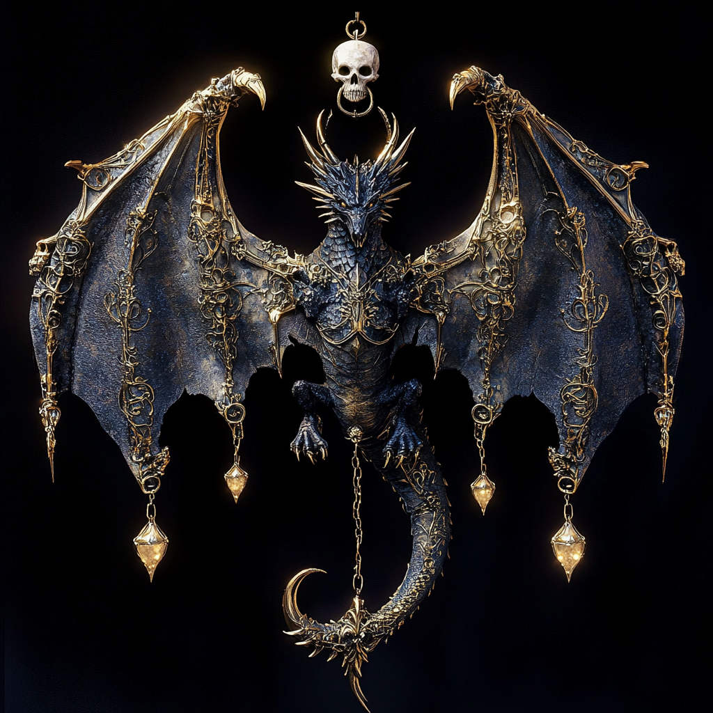 A fierce gothic dragon with detailed wings and gems.