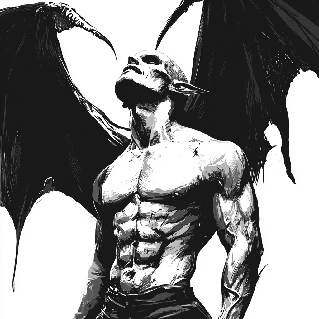 A fierce male demon with large wings, ready to catch.