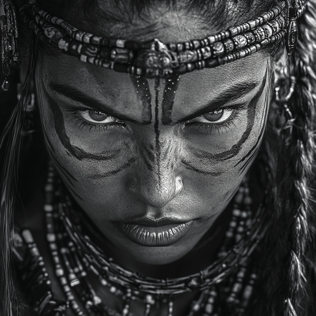 A fierce warrior woman with tribal markings portrait.