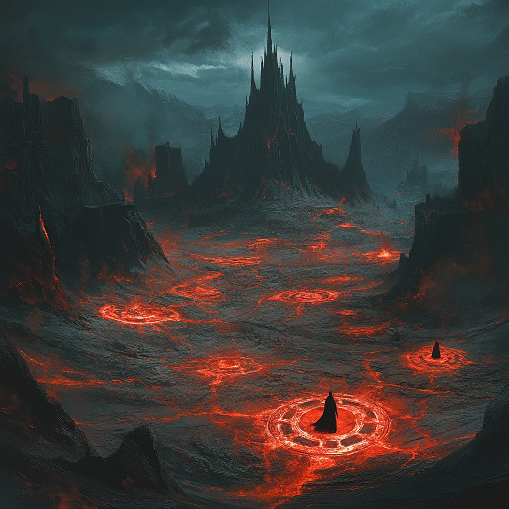 A fiery landscape of hell with cult symbols