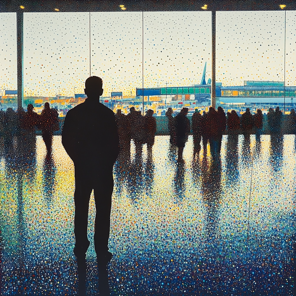 A figure in airport terminal made of tiny dots