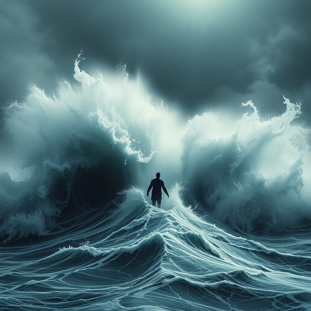 A figure overwhelmed by crashing waves.