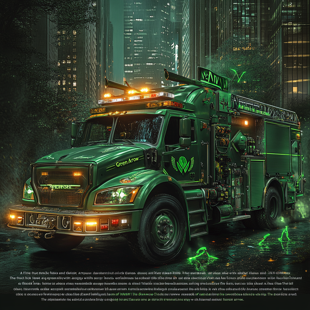 A fire truck styled like Green Arrow in city forest.