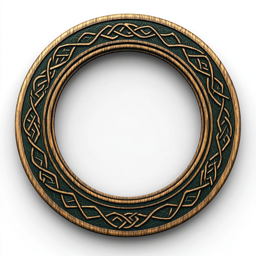 A flat wooden ring with celtic etchings.