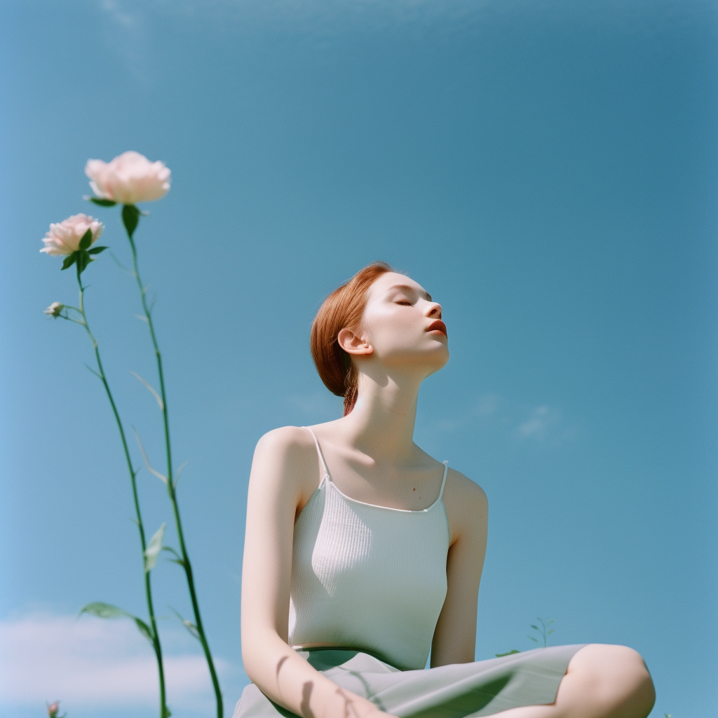 A flower with a girl in a white dress.