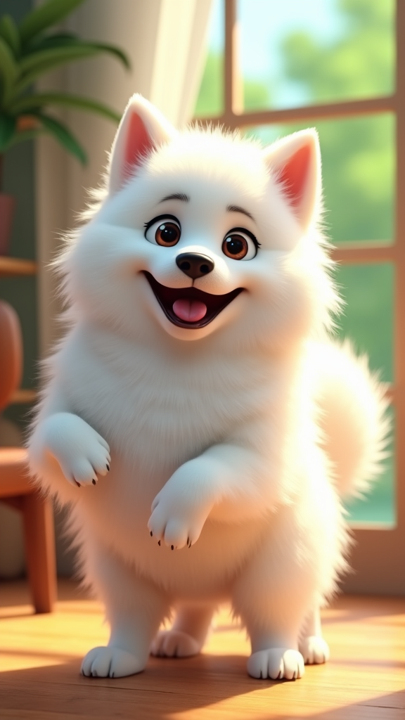 A fluffy American Eskimo dog in Pixar style