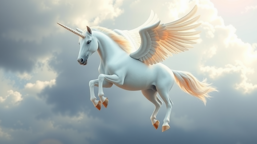 A flying white unicorn winged horse in 3D