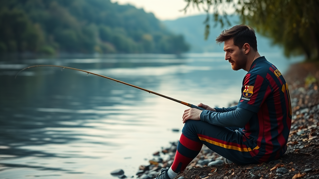 A football player in Barcelona jersey fishing by river.