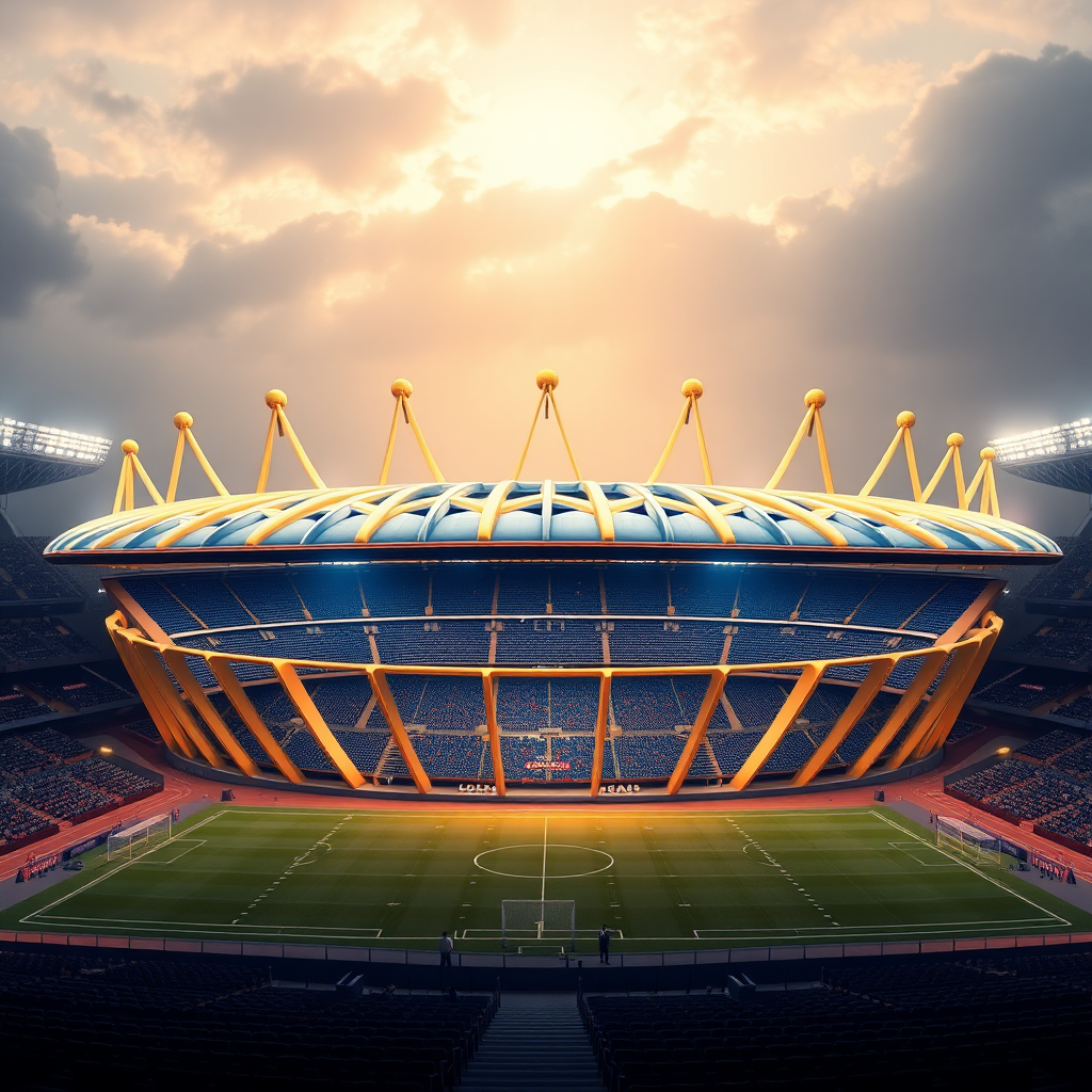 A football stadium like royal crown with blue gold.