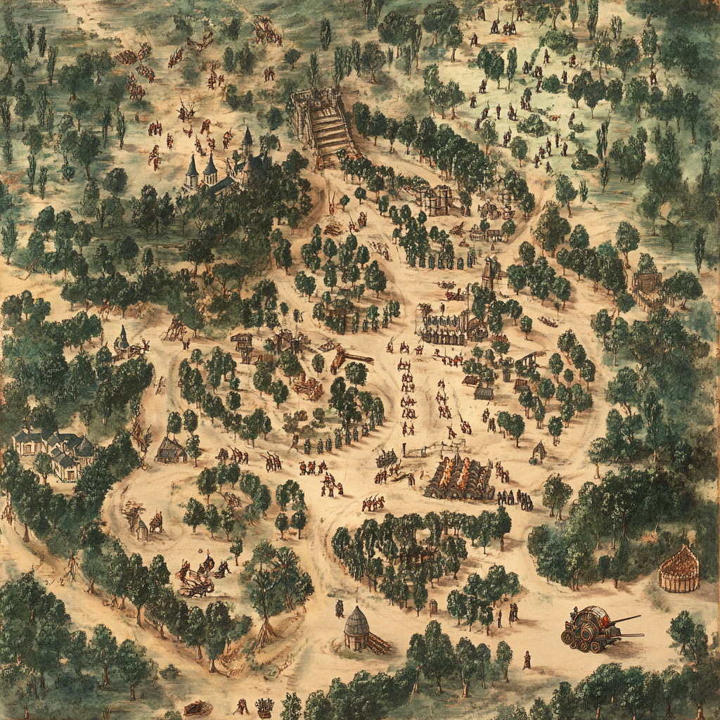 A forest army camp for 500 soldiers battle.