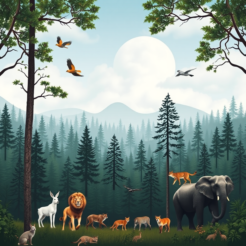 A forest with various animals under clear sky.