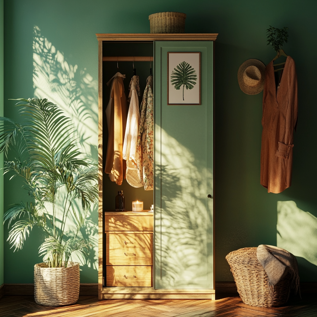 A framed photo in wardrobe with candle; bohemian.