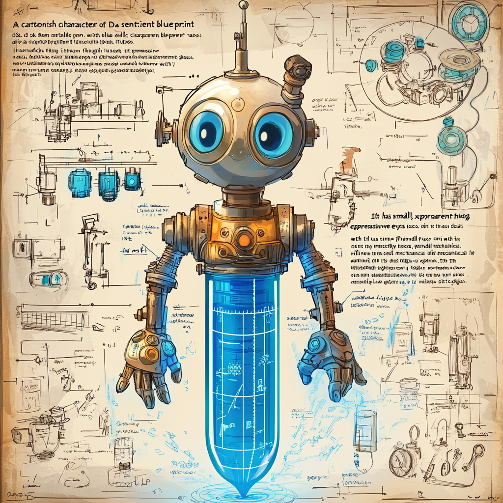 A friendly blueprint pen with magical tools and gears.