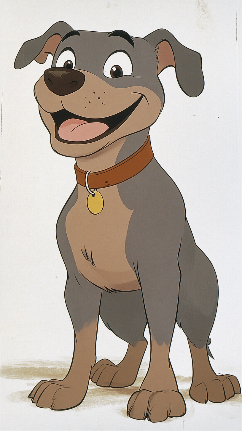 A friendly cartoon pitbull with round eyes