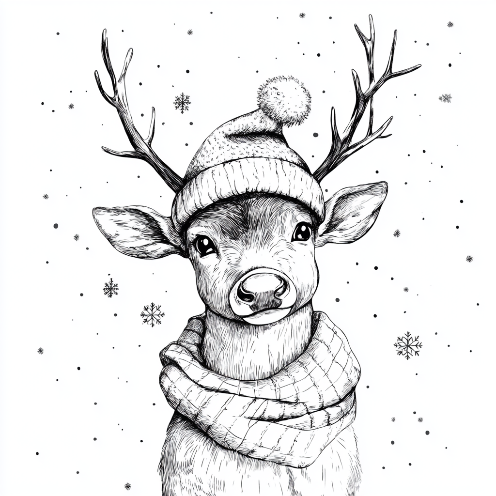 A friendly reindeer with a Christmas hat in snow