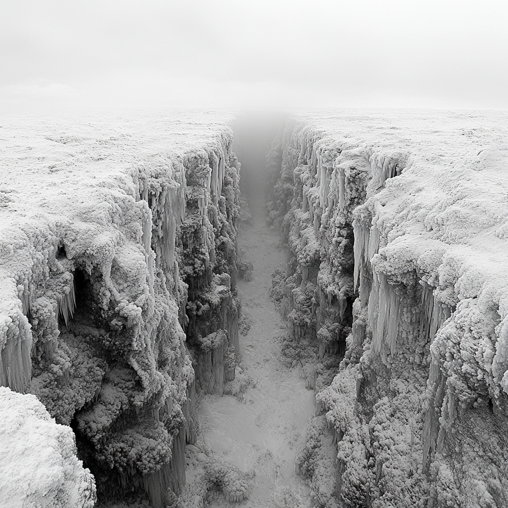 A frozen wasteland, eerie and foreboding, uncanny beauty.