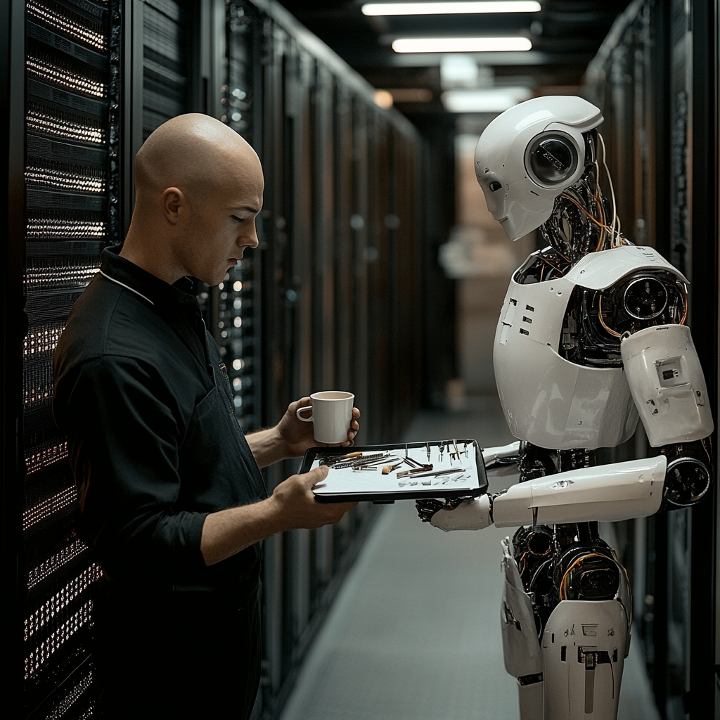 A frustrated man fixing server with robot assistance