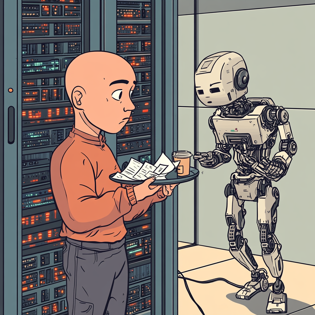 A frustrated man with coffee meets helpful robot.