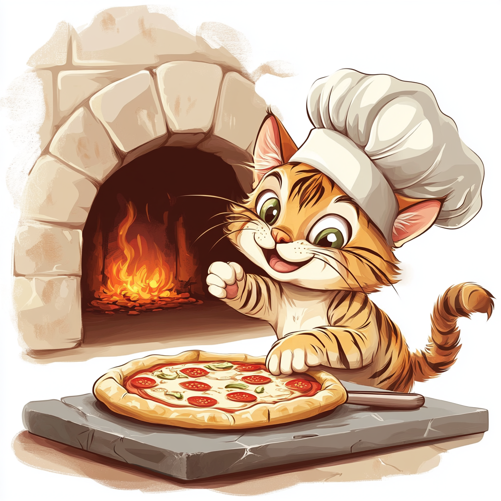 A funny cat chef making pizza in oven