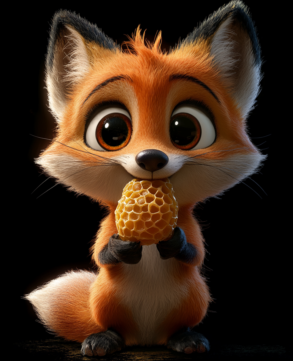 A funny fox pulls honeycomb in cartoon style