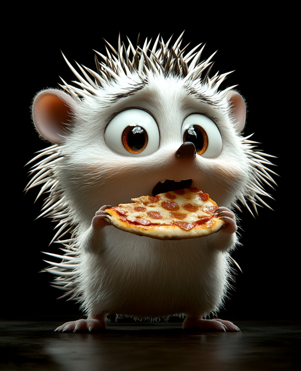 A funny white hedgehog enjoys pizza cartoon style