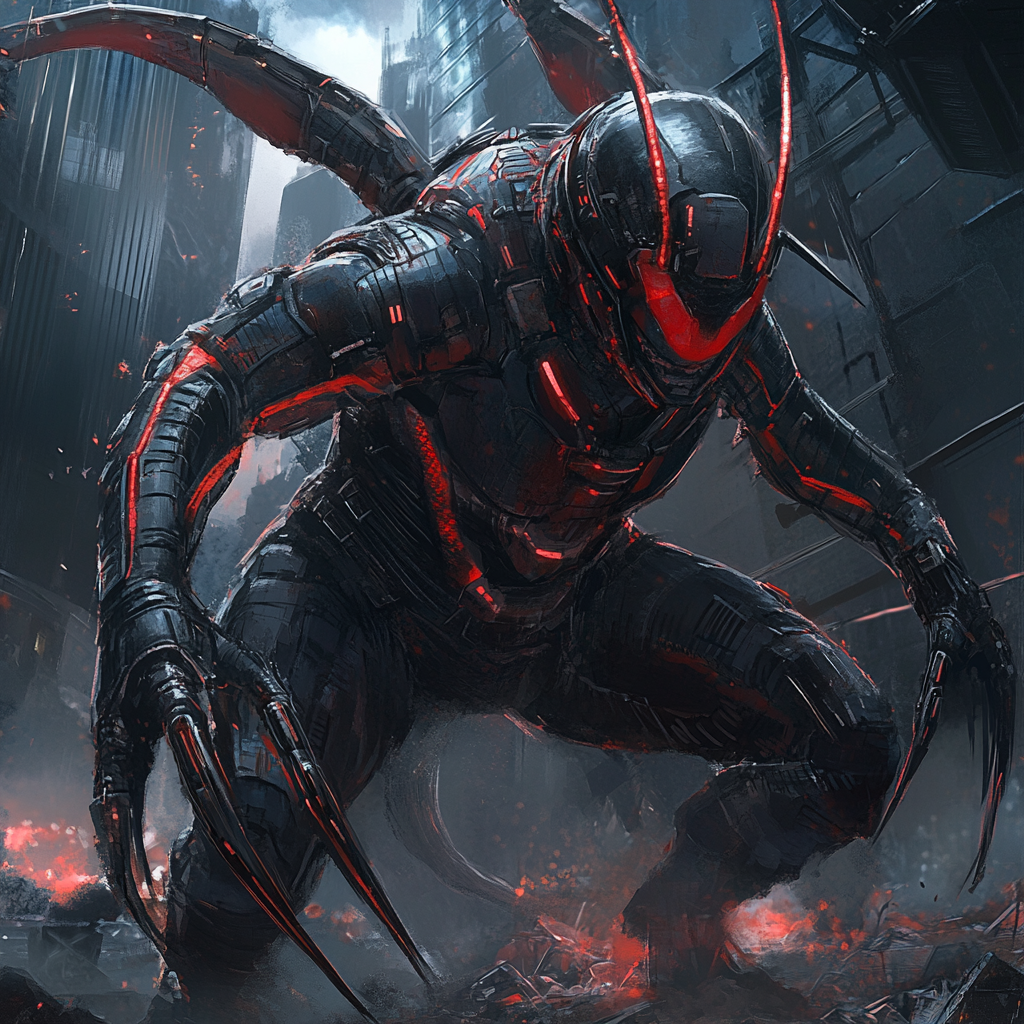 A fusion of Ant-Man and Godzilla in destroyed city.