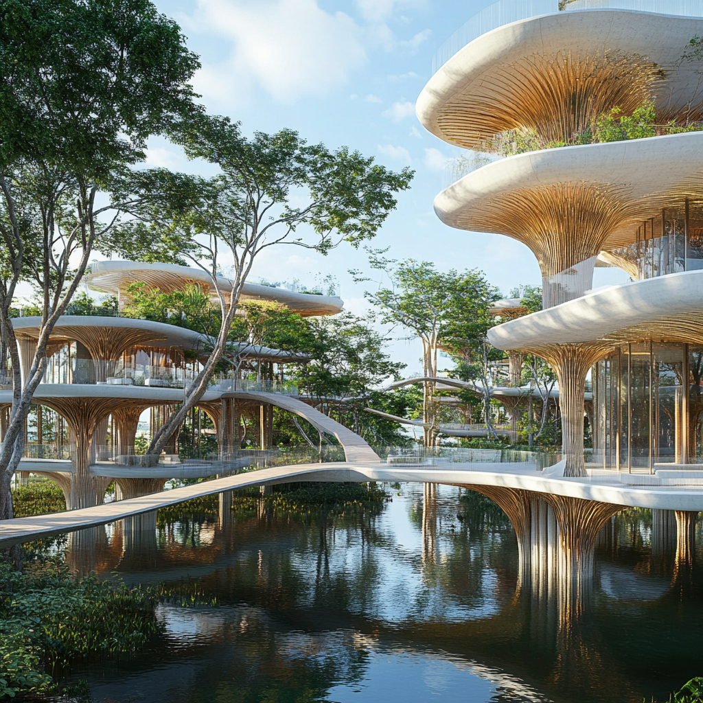 A futuristic, nature-inspired community over water