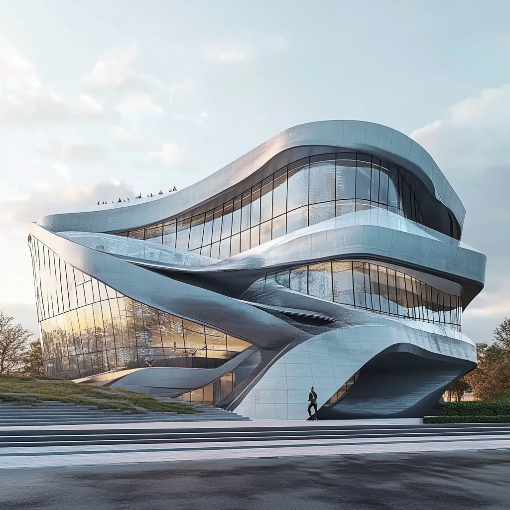 A futuristic, sustainable building with fluid, angular forms.