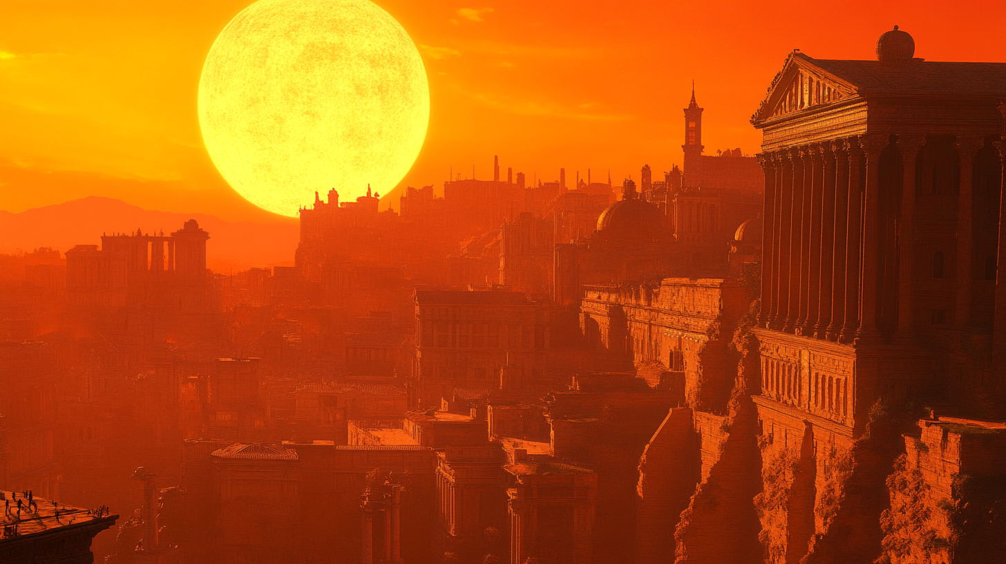 A futuristic ancient city sparkling under red sun