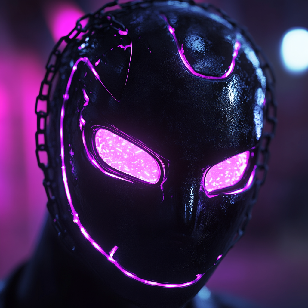 A futuristic cyberpunk mask with glowing eyes.