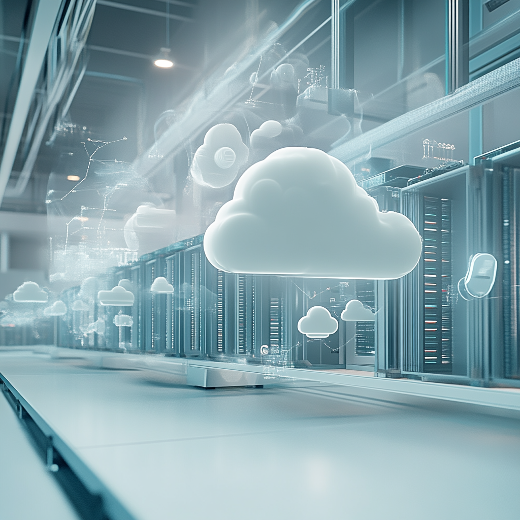 A futuristic data center with on-site servers and cloud icons.