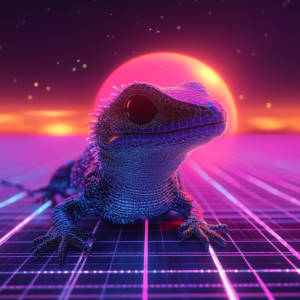 A futuristic dragon gecko in neon colors sunset