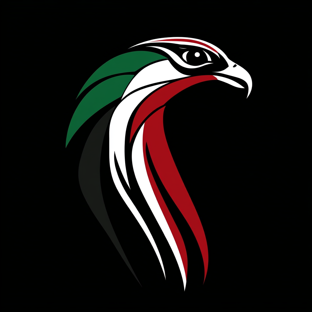 A futuristic falcon logo with UAE flag colors