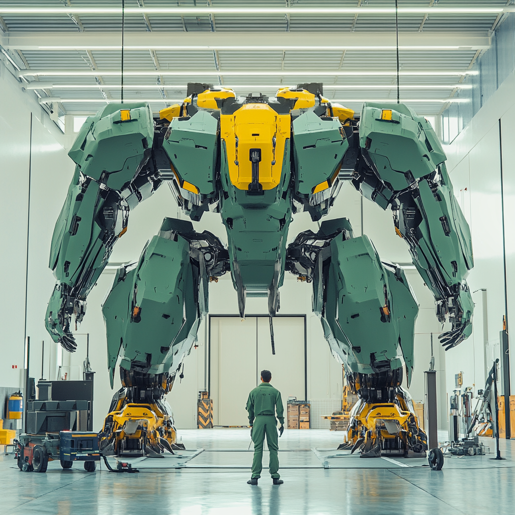 A futuristic green and yellow mecha ready for launch