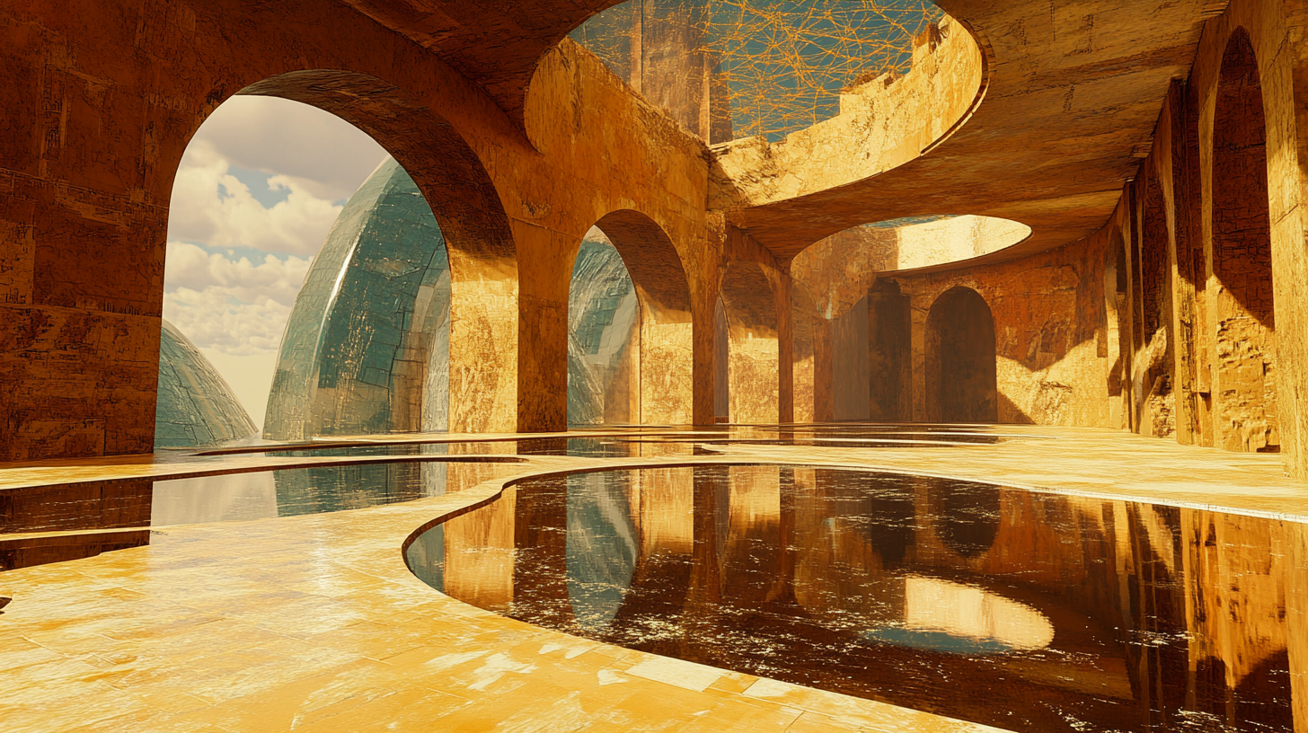 A futuristic lobby with glass rooms and Greek design.