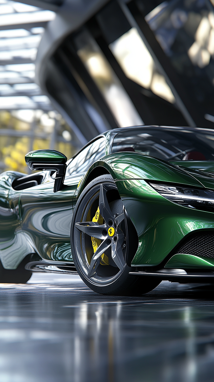 A futuristic metallic green Ferrari SF90 Stradale