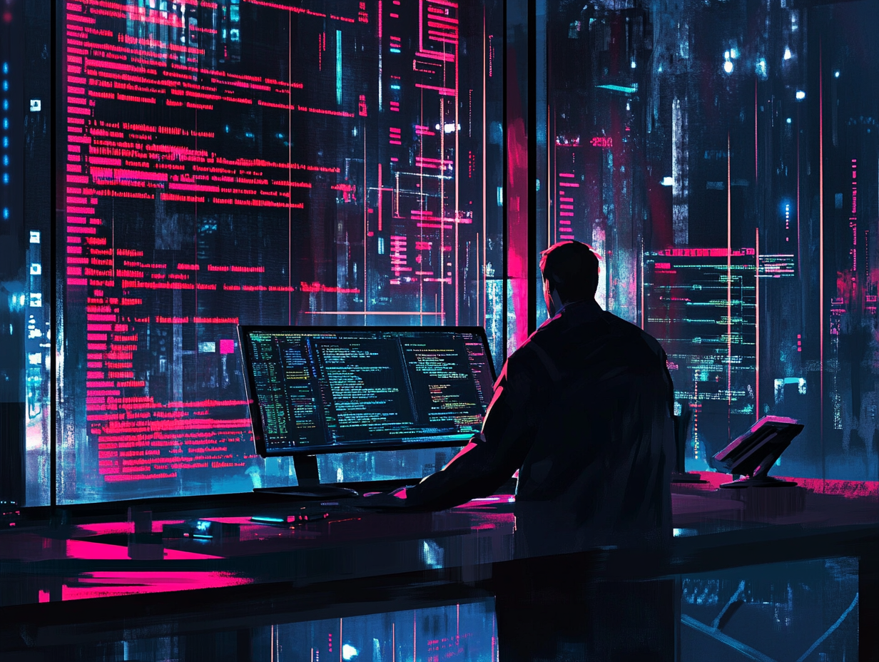 A futuristic office scene with holographic code screens