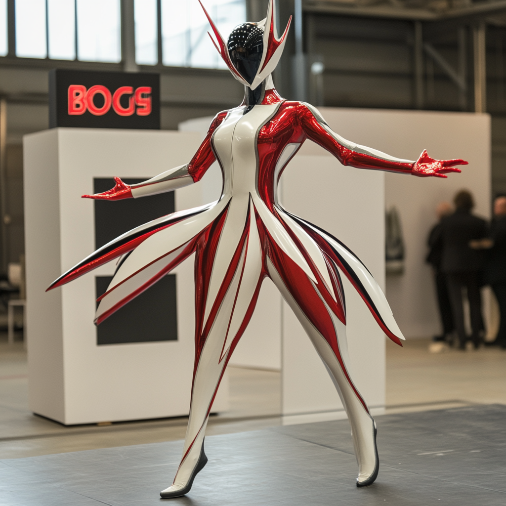 A futuristic space dancer in red and white.