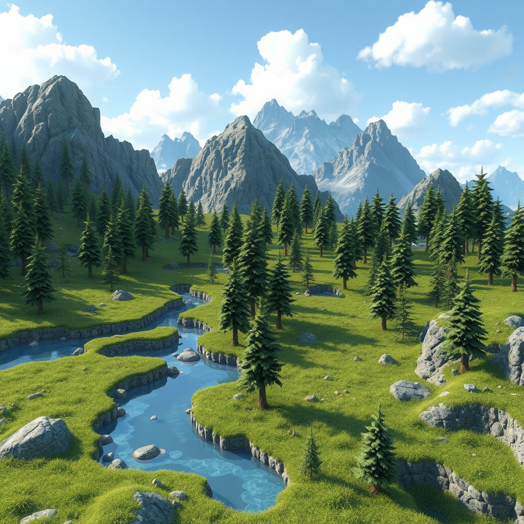 A game world with trees, mountains, and land