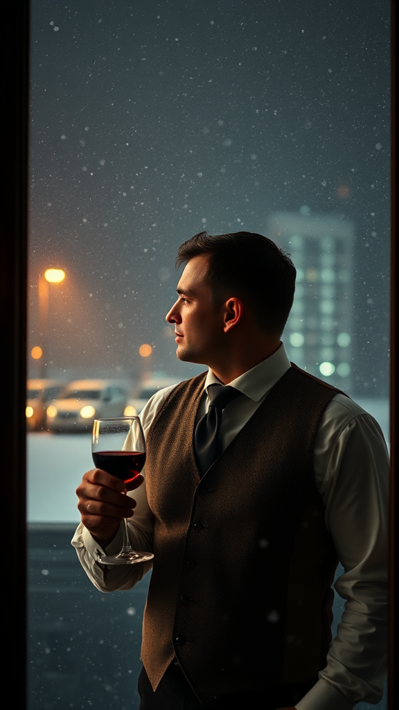 A gentleman with wine stares out snowy window.