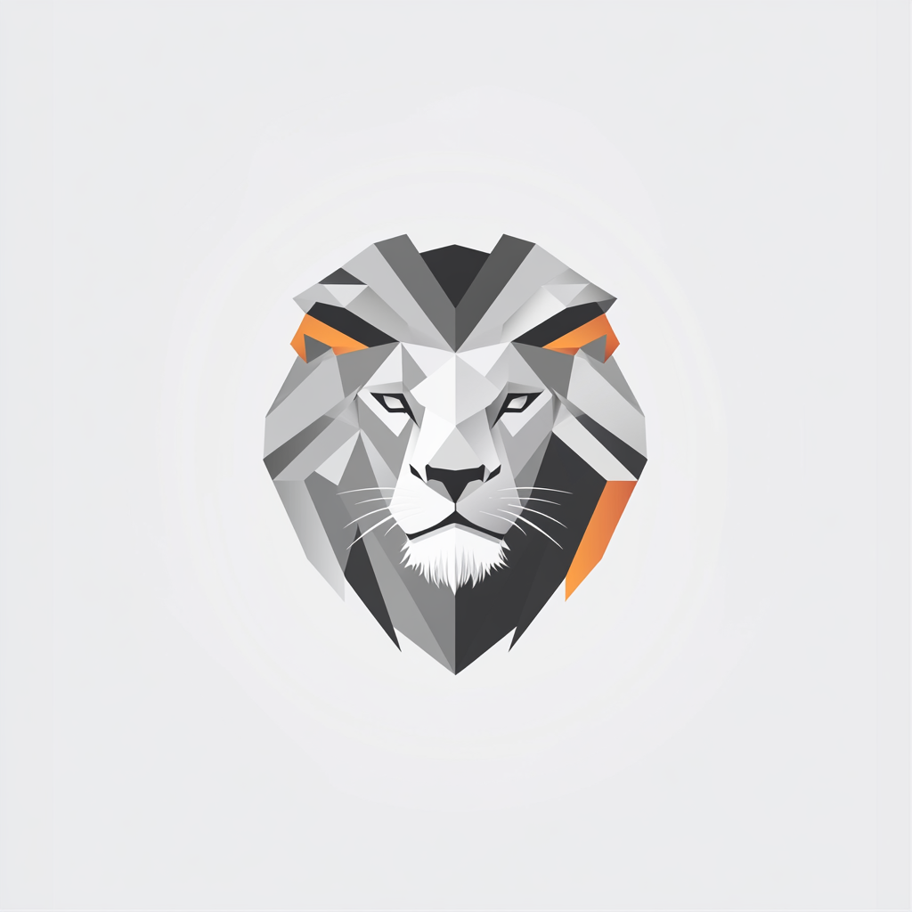 A geometric lion head logo on grey background.